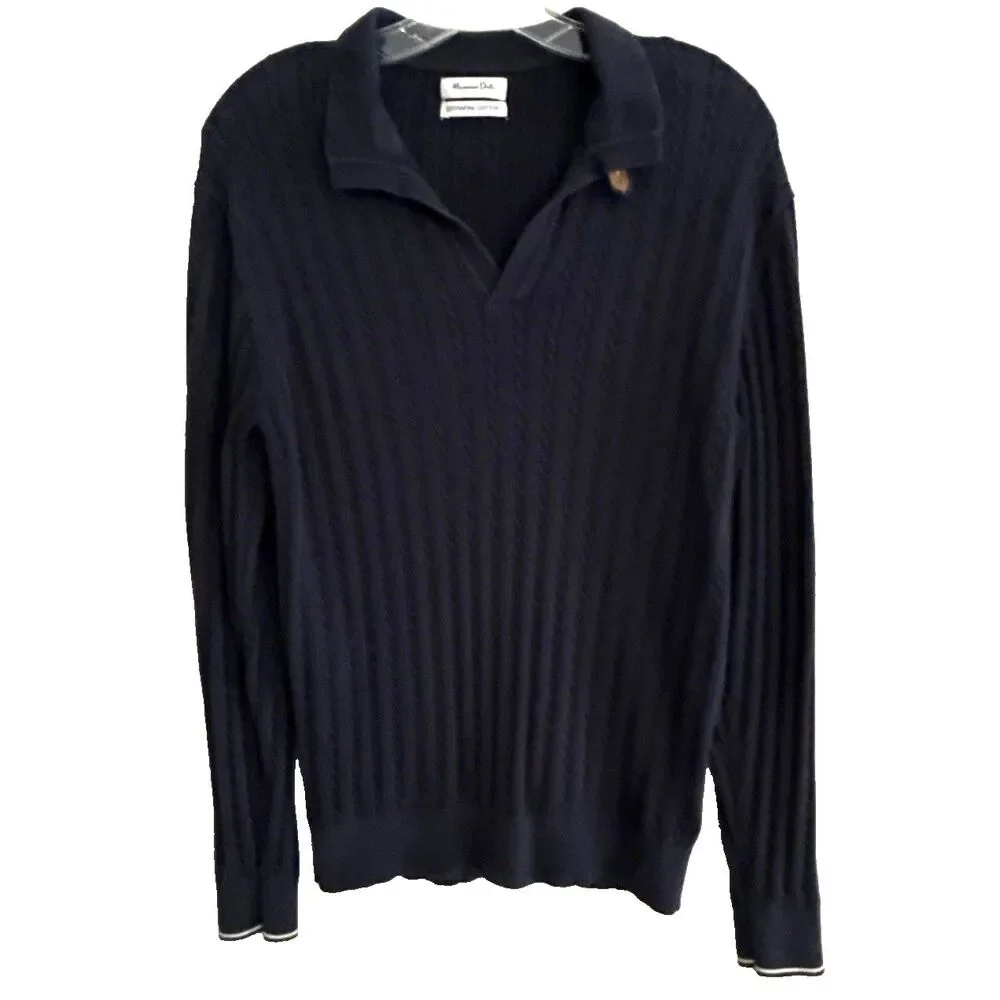 Massimo Dutti Extrafine Cotton Polo Sweater  Mens Sz L Navy Cable Knit Slim Fit